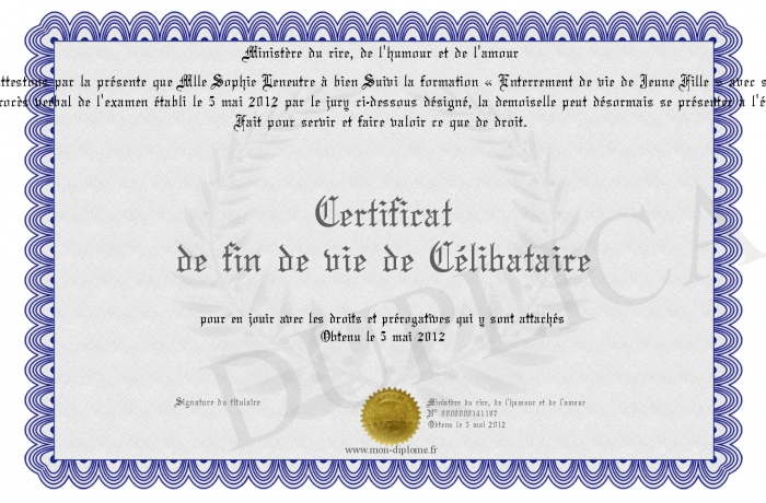 Certificat denterrement de vie de célibataire